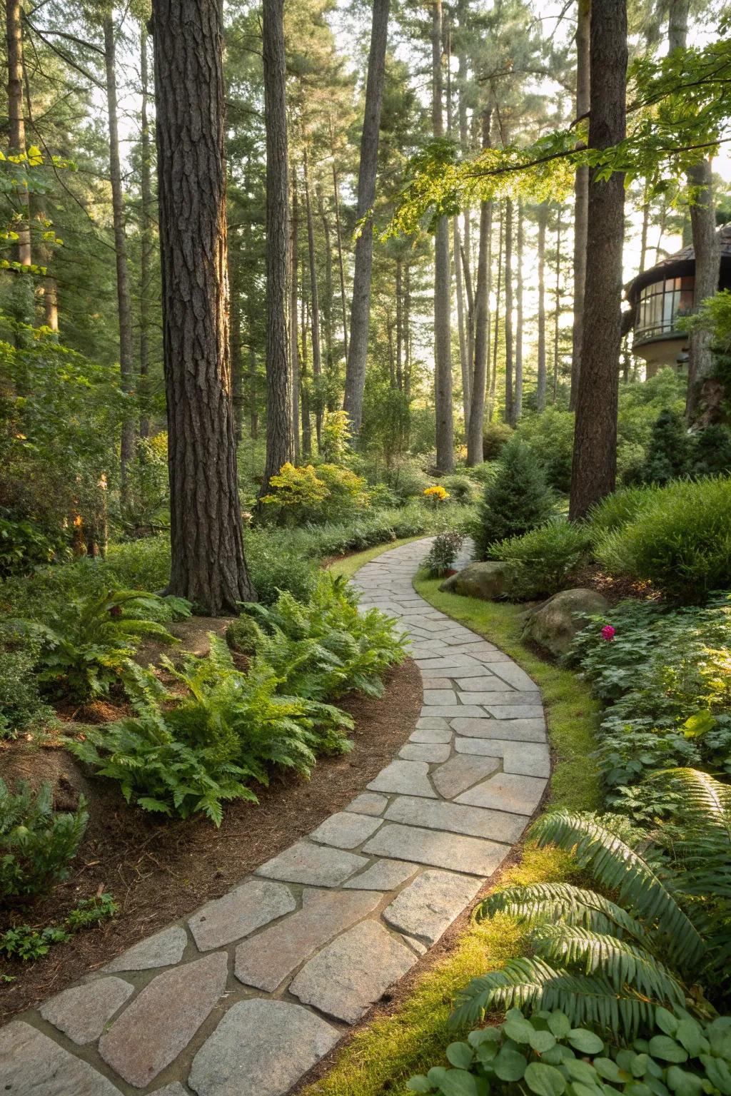 Invite exploration with winding pathways through your backyard forest.