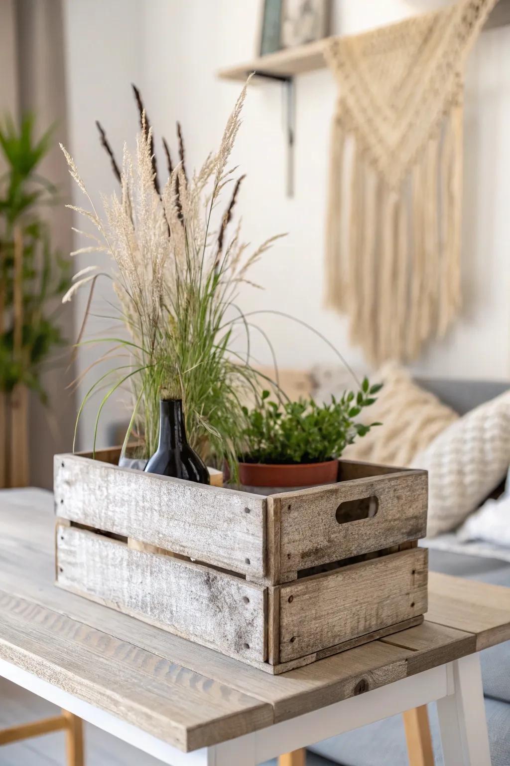 Transform vintage charm into greenery with repurposed wine crates as planter boxes.