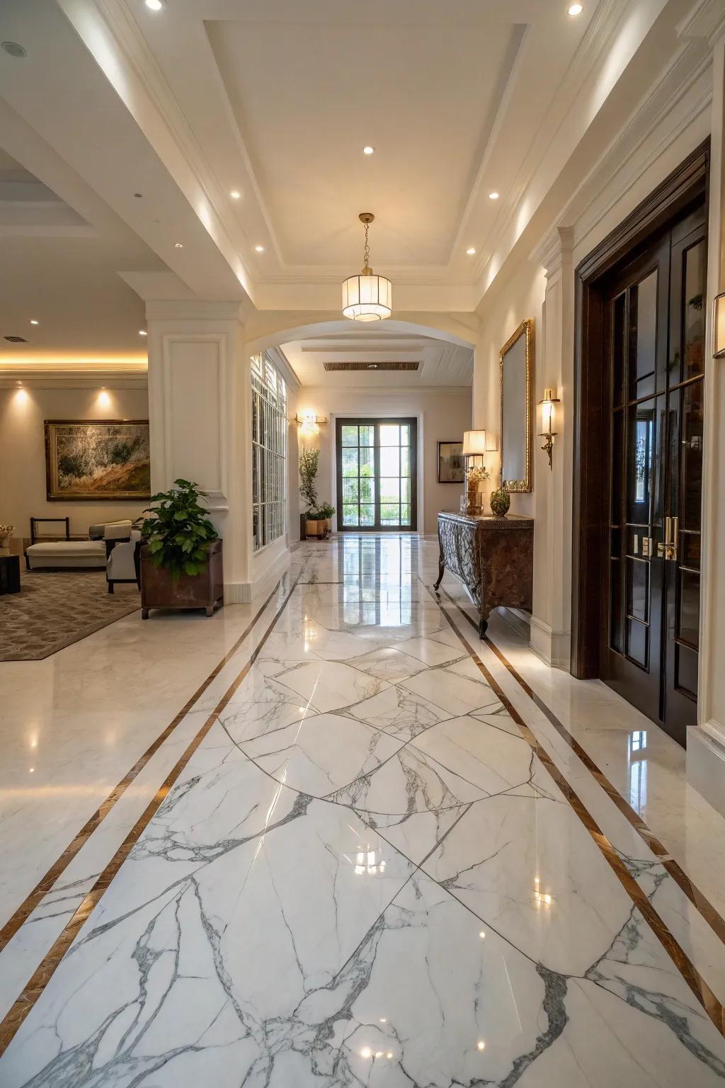 A luxurious entryway featuring a glossy marble-effect epoxy floor.