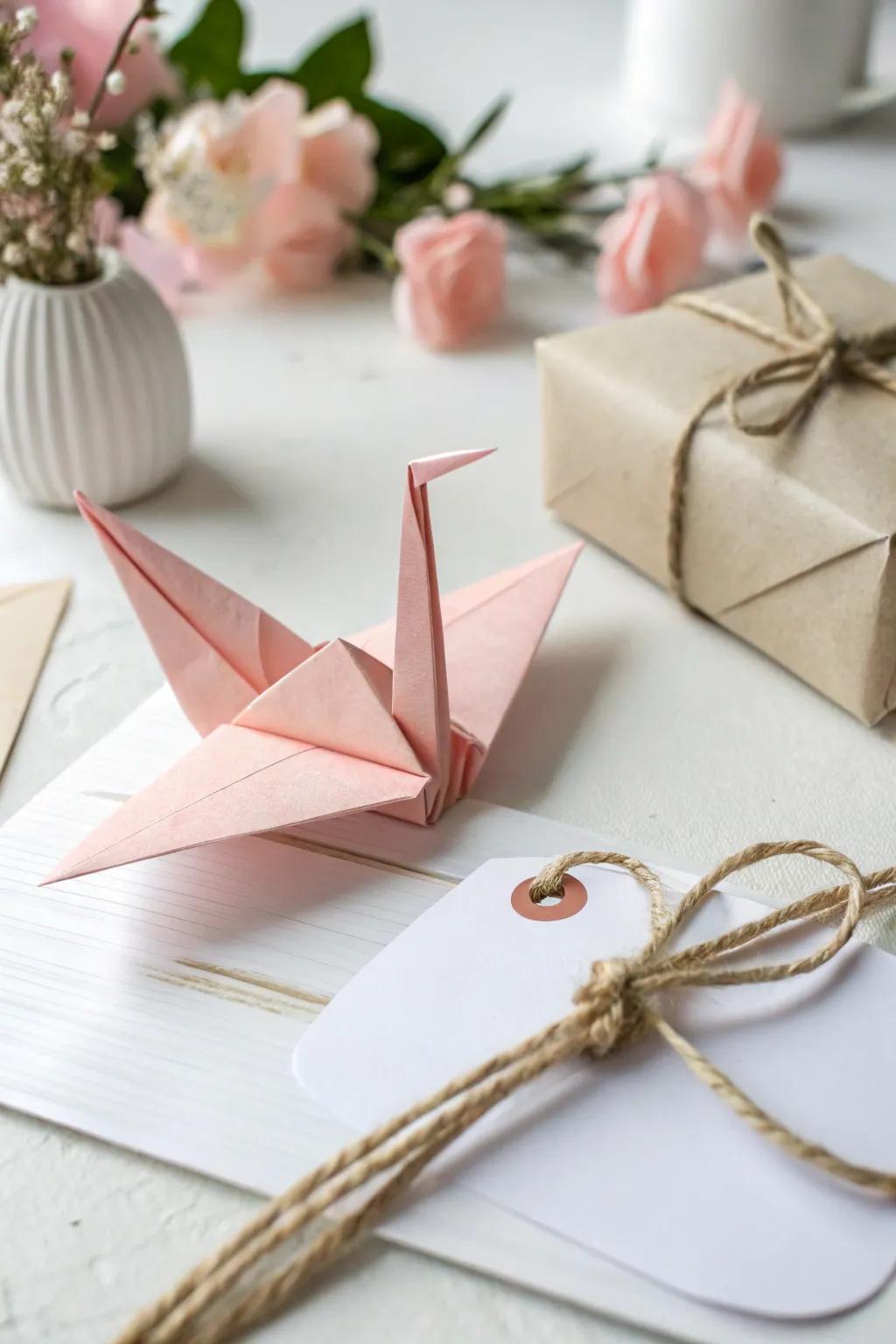 Add a whimsical charm to your gift tags with delicate origami cranes, perfect for a touch of handcrafted elegance.