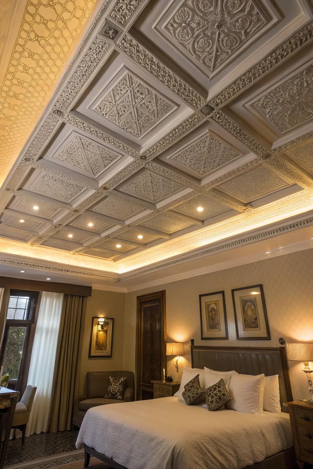 Textured panels add depth and interest to coffered ceilings.