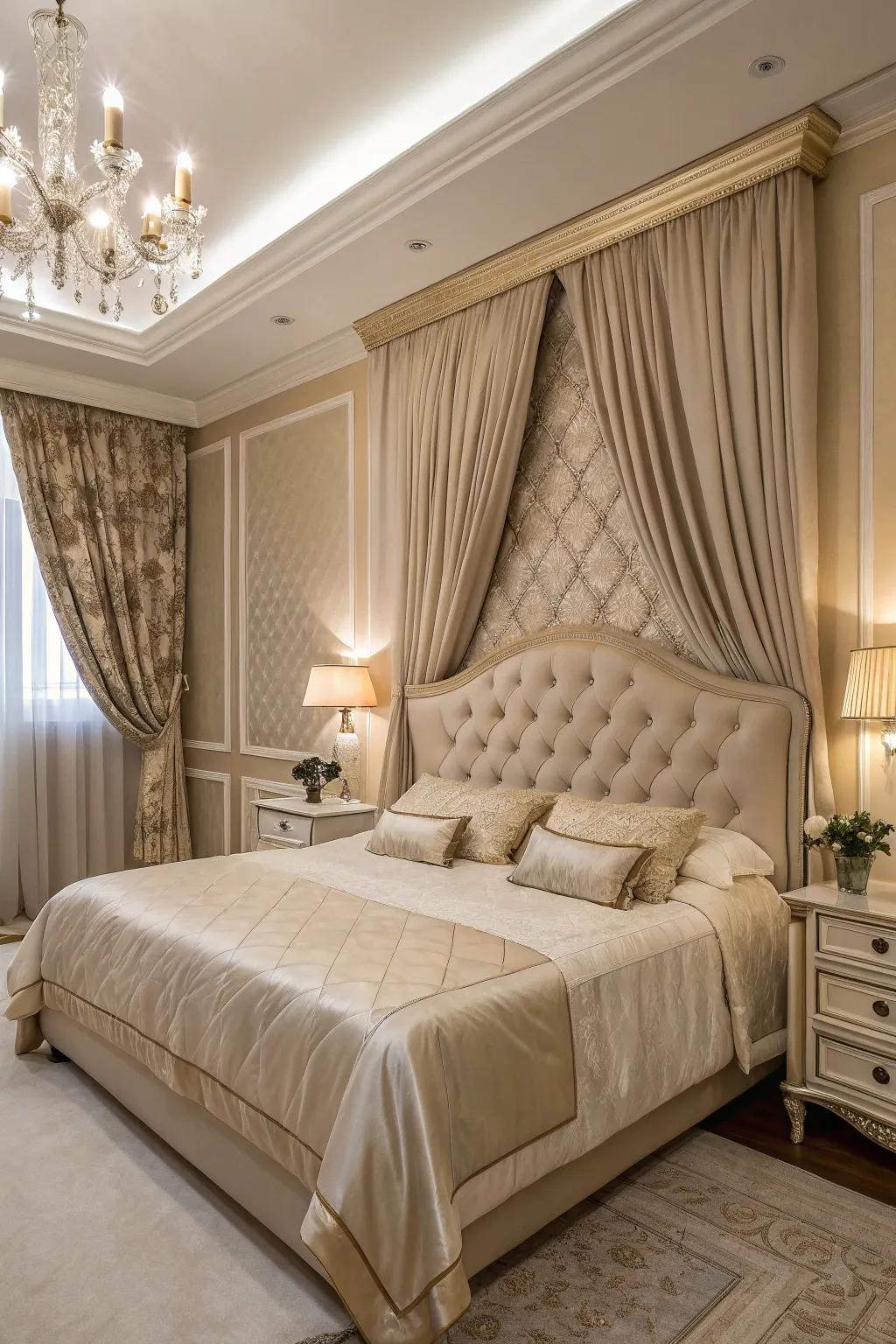 Luxe fabrics add an elegant touch to this beige headboard setting.