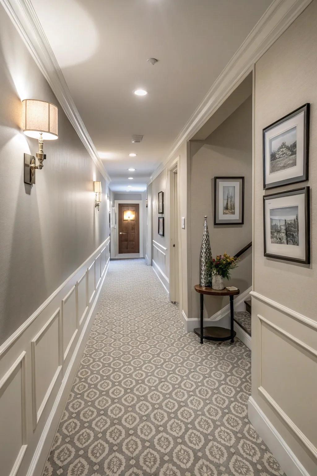 A monochromatic scheme can unify and expand the feel of your hallway.
