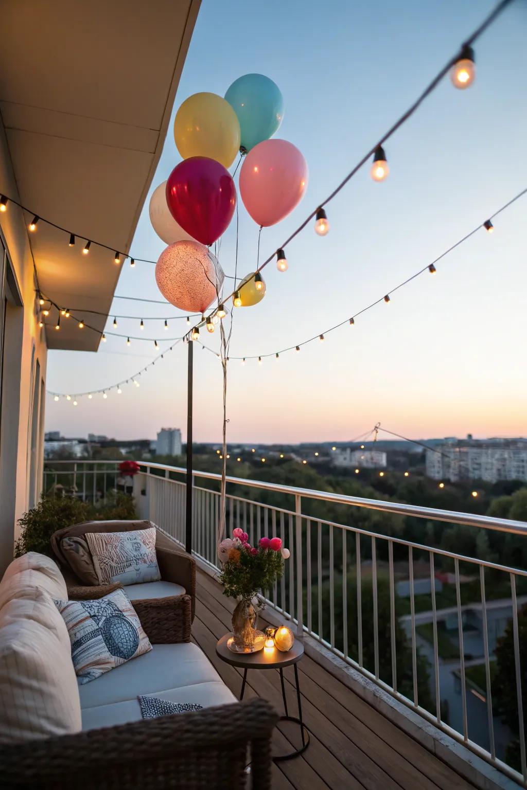 Serene balcony retreat with balloon lights.