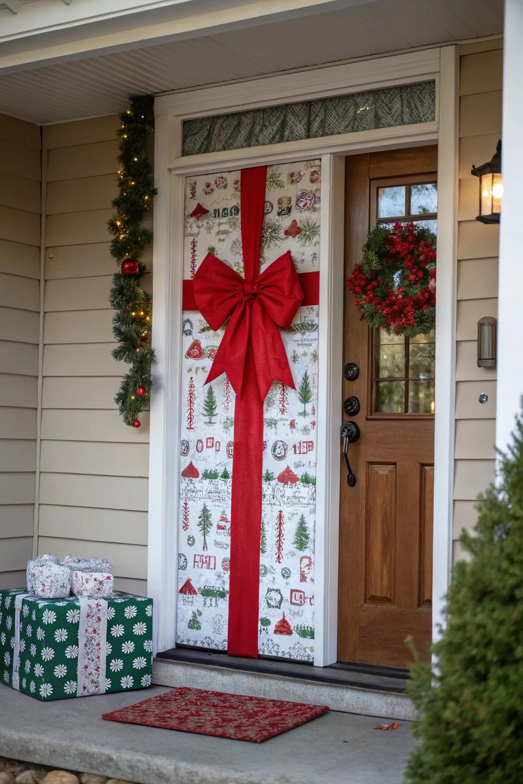 A front door wrapped as a giant Christmas gift