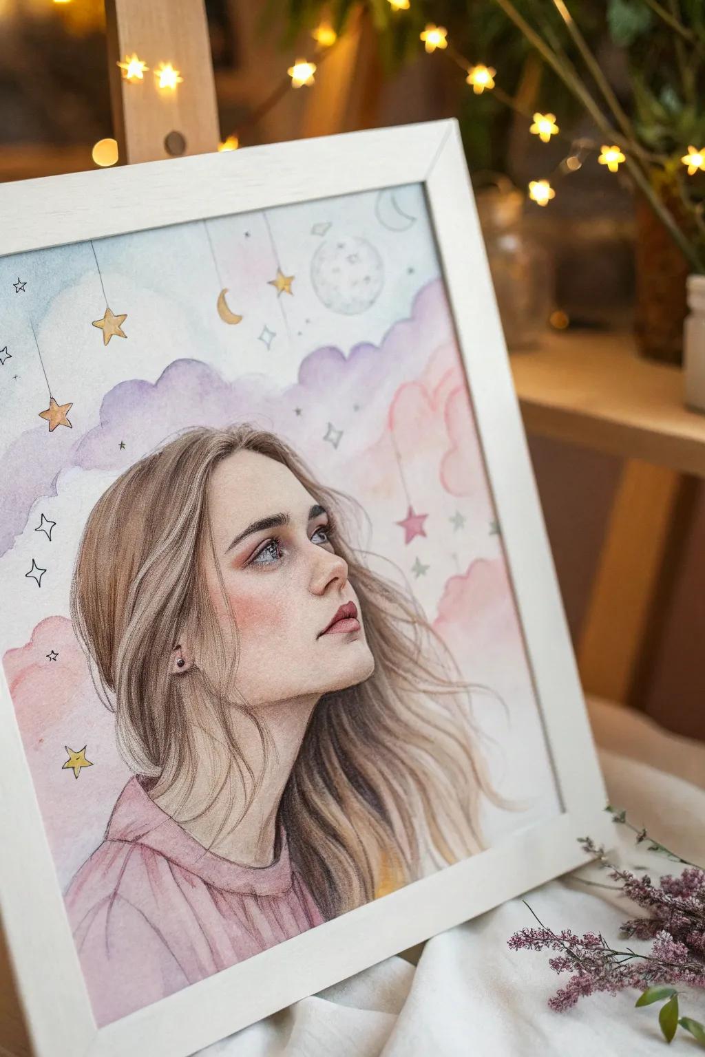 Embrace your inner child with a whimsical watercolor portrait that adds a magical touch to simplicity.