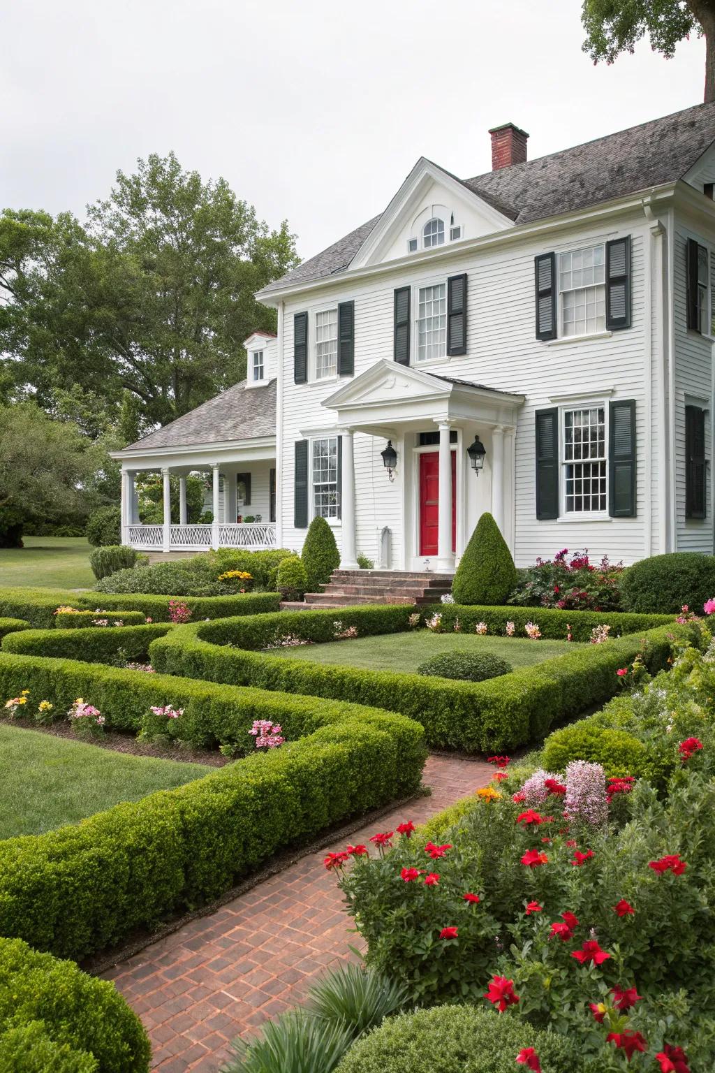 A classic colonial house with black shutters, exuding timeless elegance.