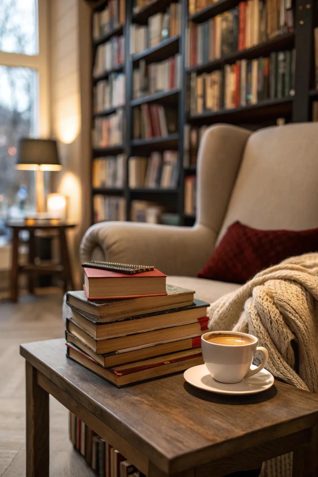 Stacks of books create a literary-inspired coffee table alternative.