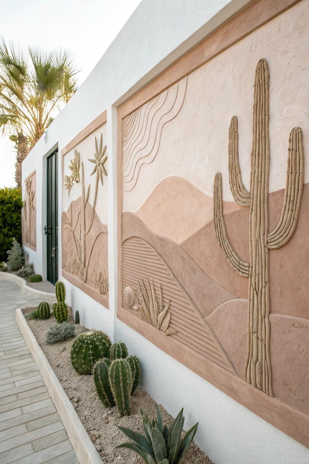 Transform your space into a serene desert oasis with this elegant clay mural. Perfect for adding a touch of exotic warmth to your living room.