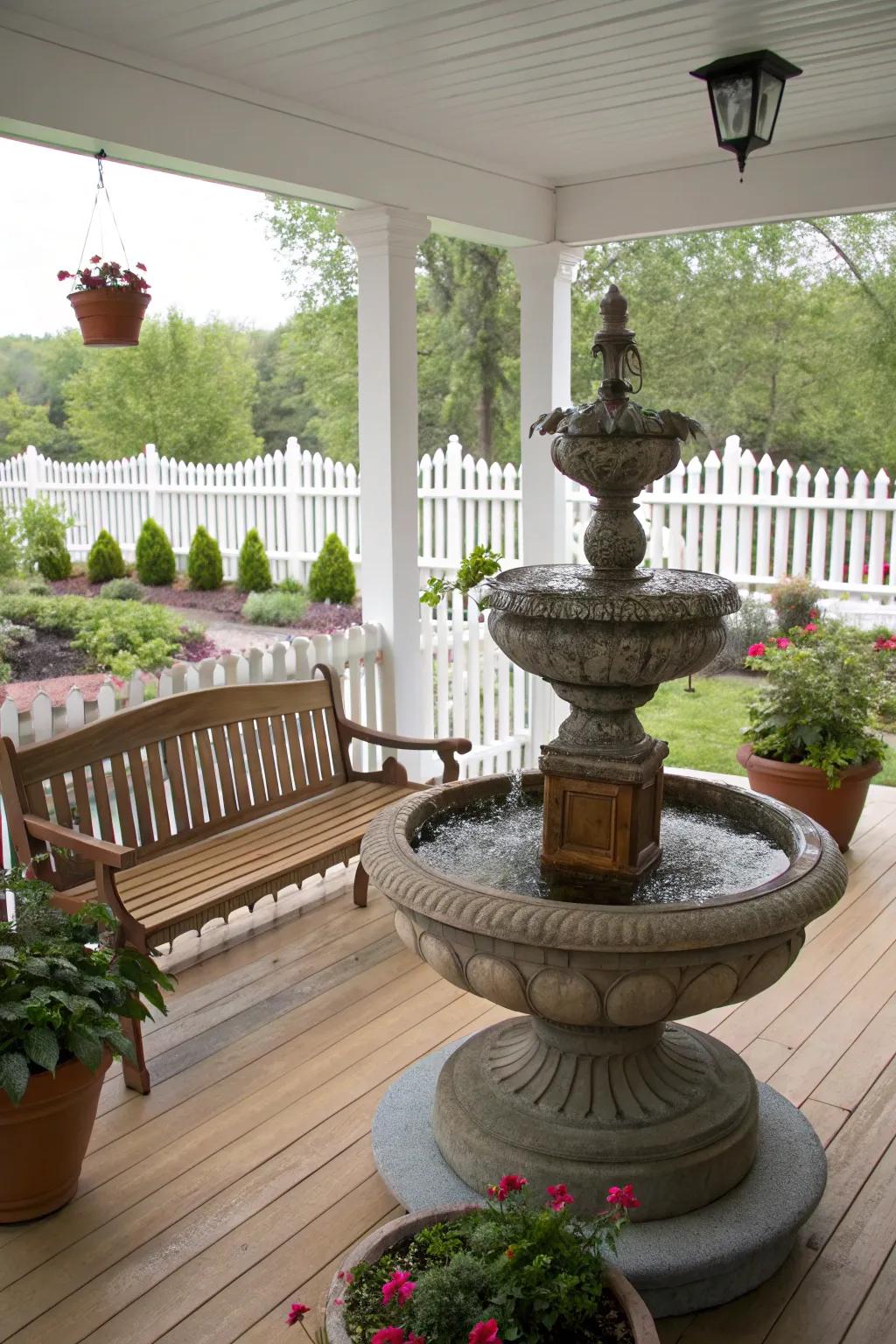 A water feature bringing tranquility to a large front porch.