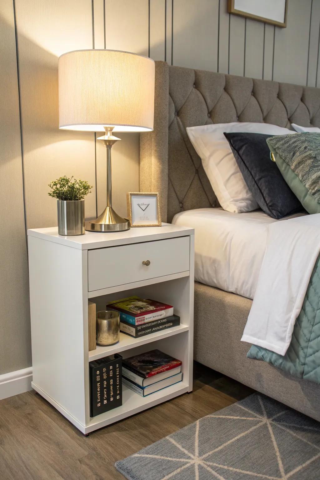 A cube storage nightstand doubles up as a chic decor piece.