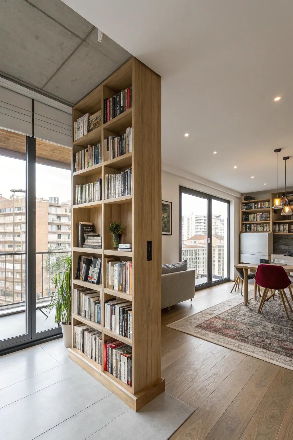 A stylish bookshelf that elegantly divides the living space.