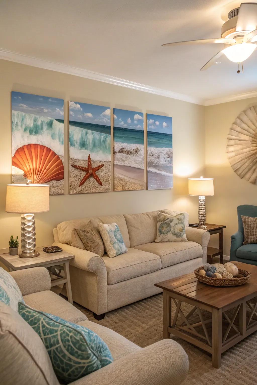 A living room with a statement wall featuring beach-themed artwork.