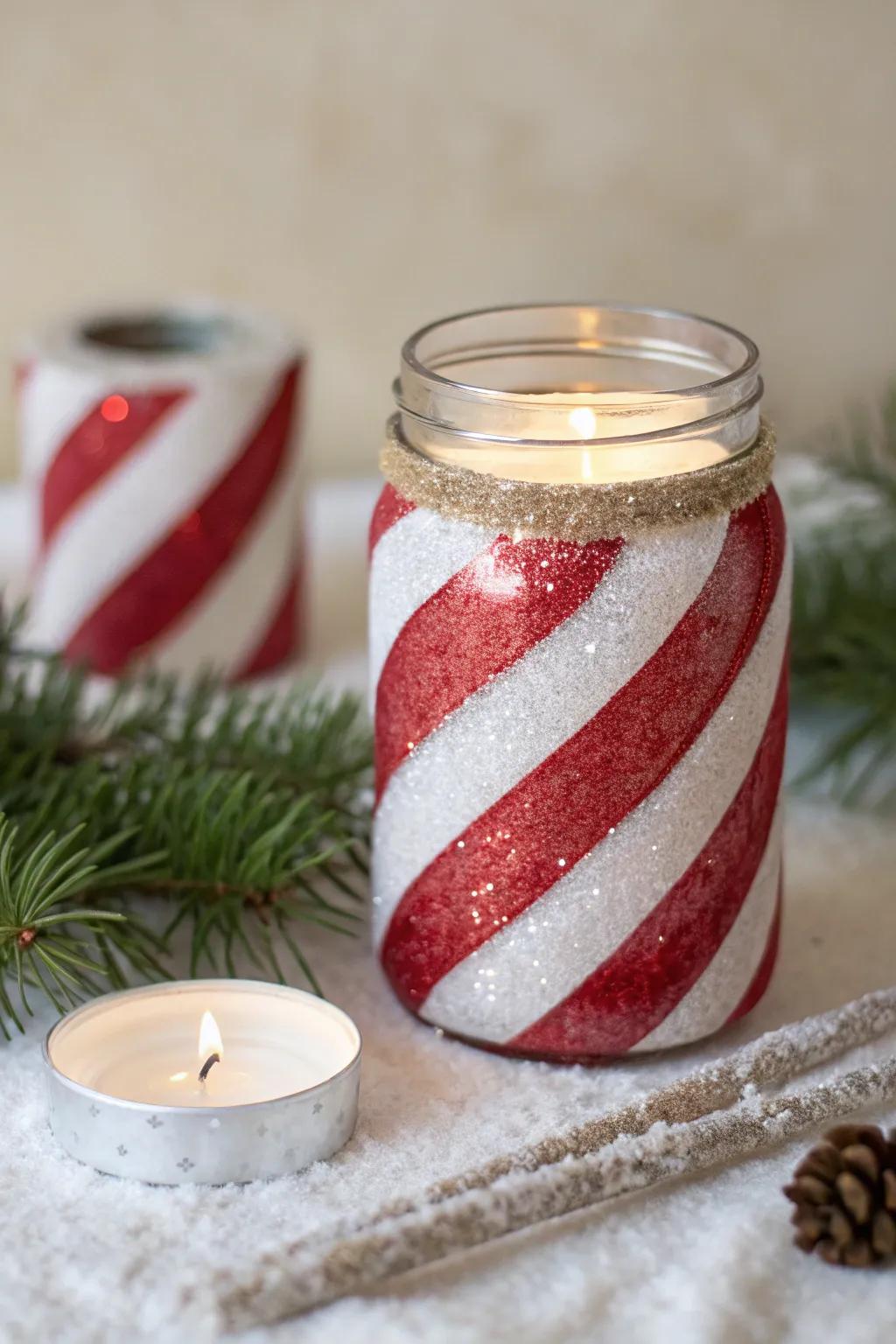 Add a touch of festive sparkle to your home with this elegant glittery candy cane jar!