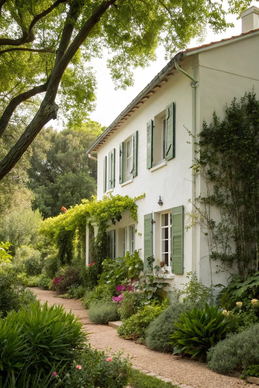 Olive green shutters add a natural, earthy touch to this serene home.