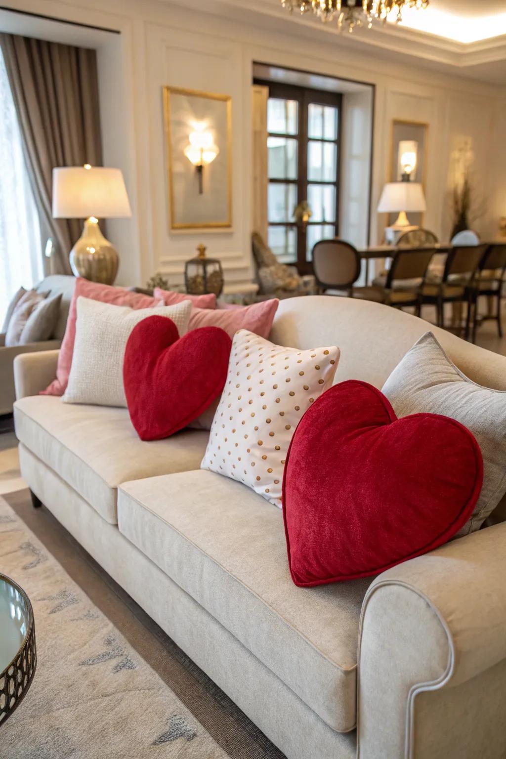 Heart-shaped cushion covers adding a playful touch to the sofa.