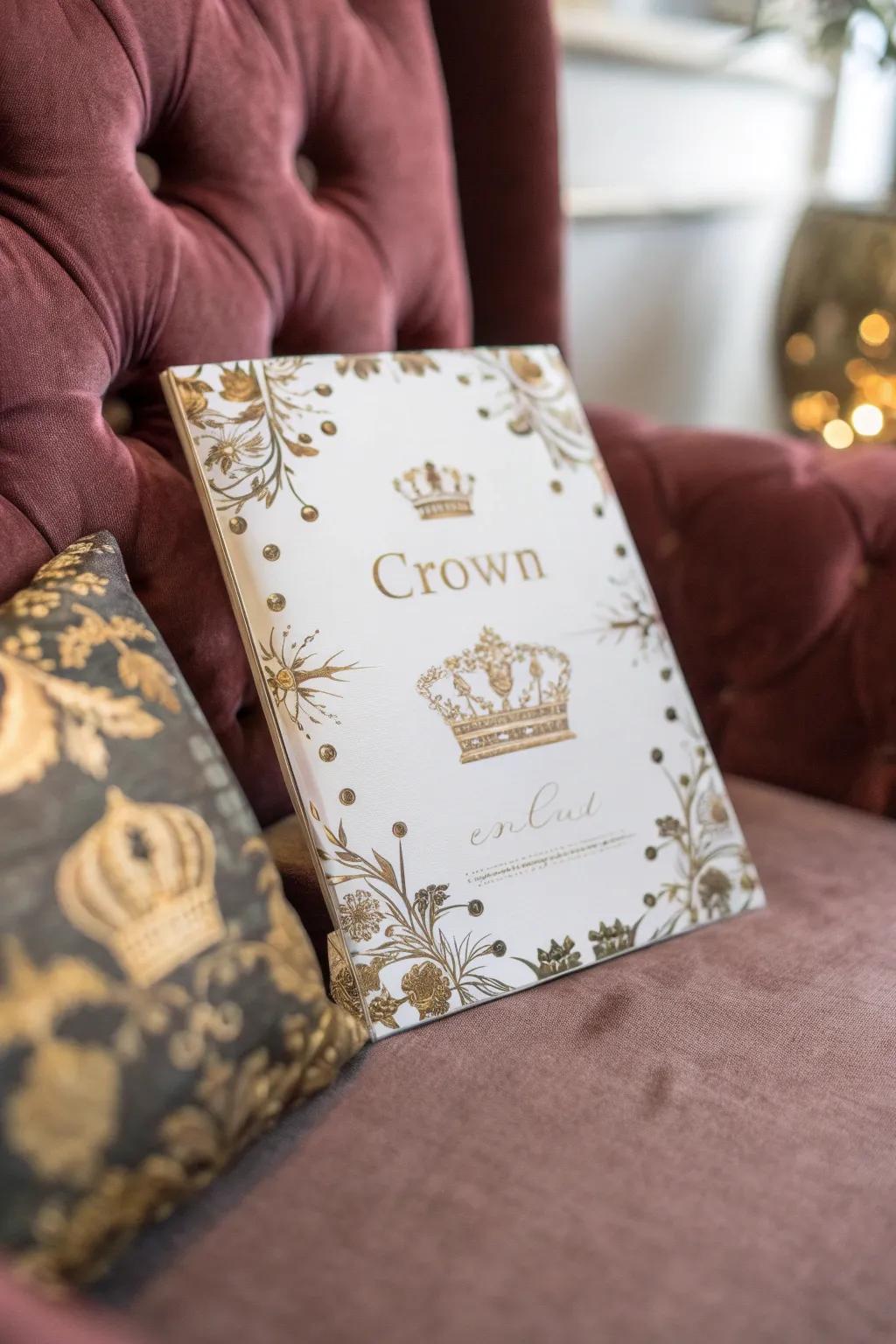 A regal invitation adorned with gold crowns and lettering.