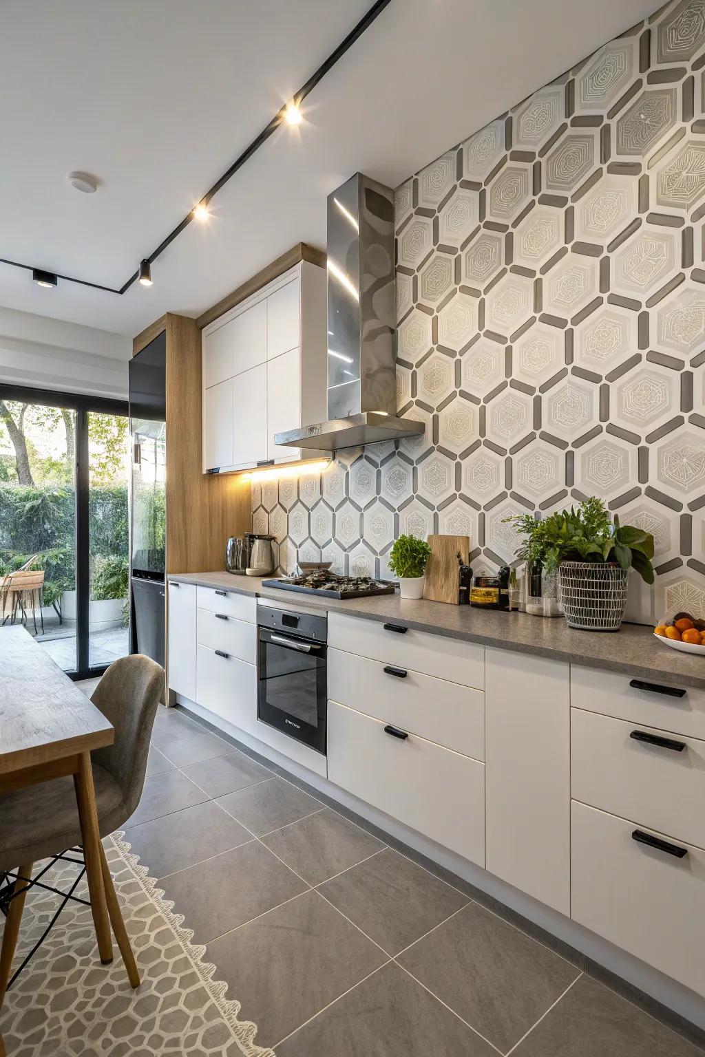 Kitchen with geometric tile accent wall for a modern touch.