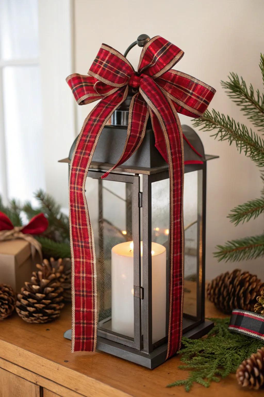 Add a touch of festive elegance with these DIY Christmas lanterns wrapped in vibrant ribbons, perfect for a minimalist holiday decor.