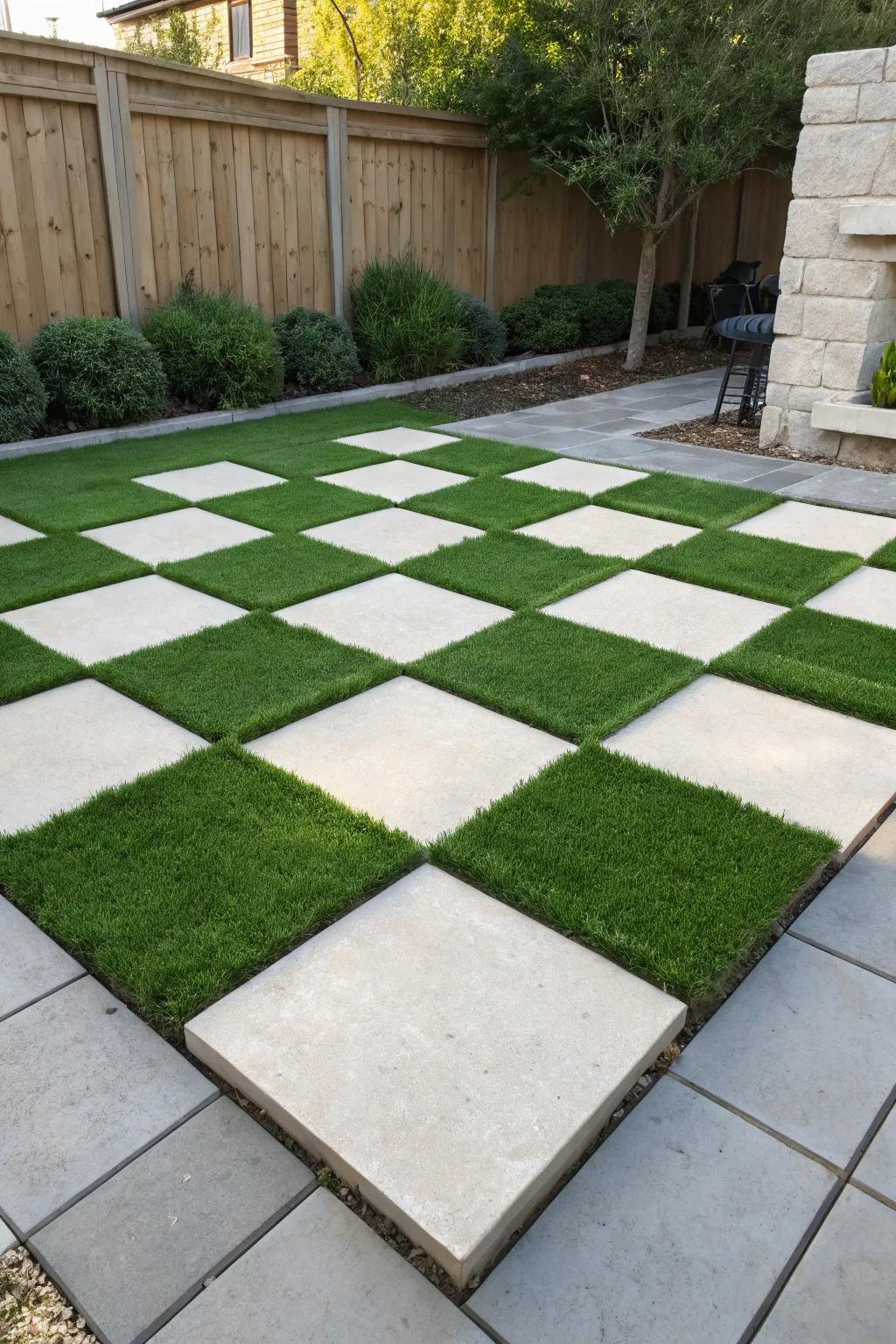 Elevate your outdoor space with a stylish turf checkerboard for a contemporary touch.