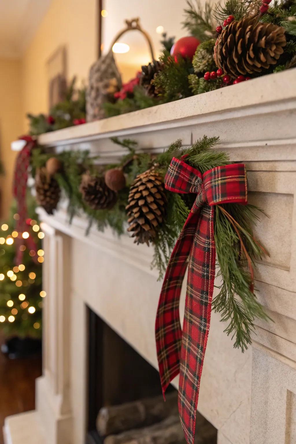 A cozy fireplace mantel dressed with garlands, pinecones, and plaid ribbons for a woodsy touch.