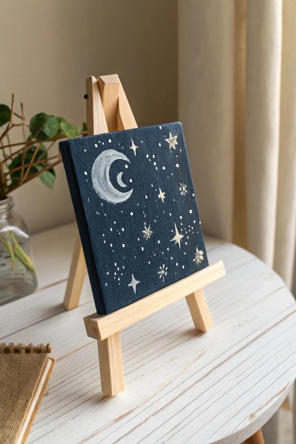 Capture the cosmos on a mini canvas with this enchanting starry night sky painting, perfect for adding a touch of celestial beauty to your minimalist decor.