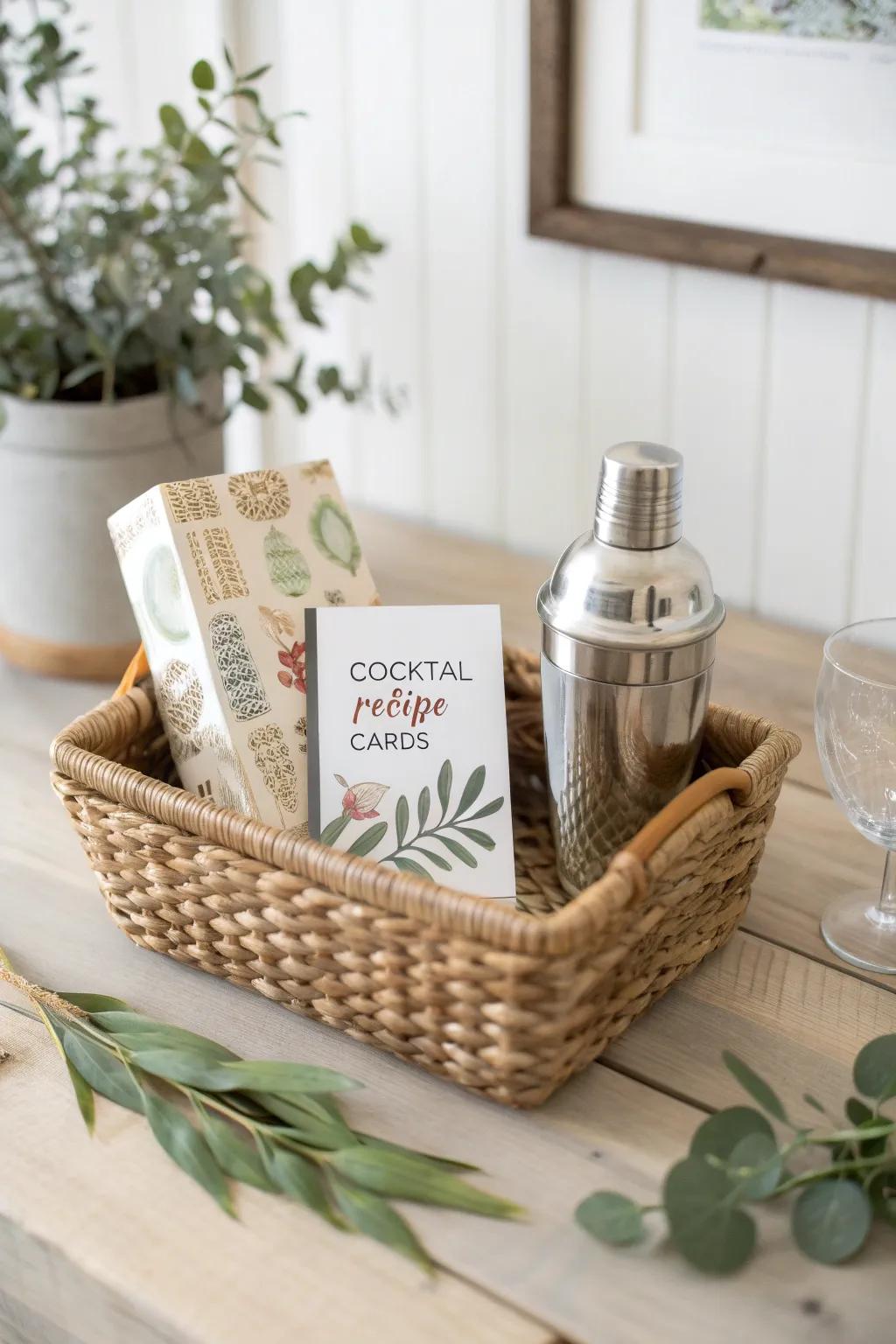 Sip in Style: Discover the perfect blend of elegance and simplicity with this home bar gift basket, tailored for newlyweds who appreciate the art of mixology.