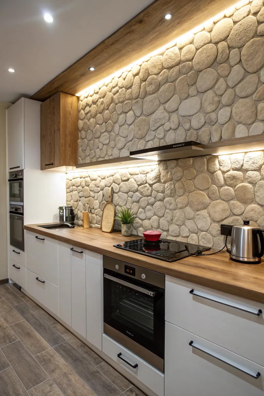 Cobblestone backsplash evokes vintage charm in this kitchen.