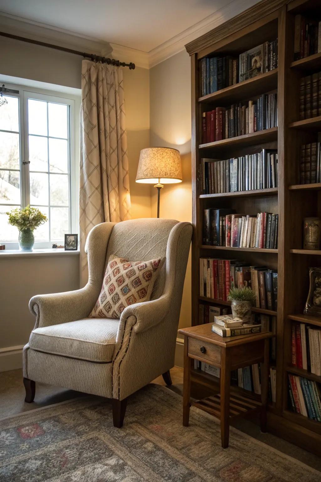 Create a cozy reading nook with a plush armchair by your bookshelf.