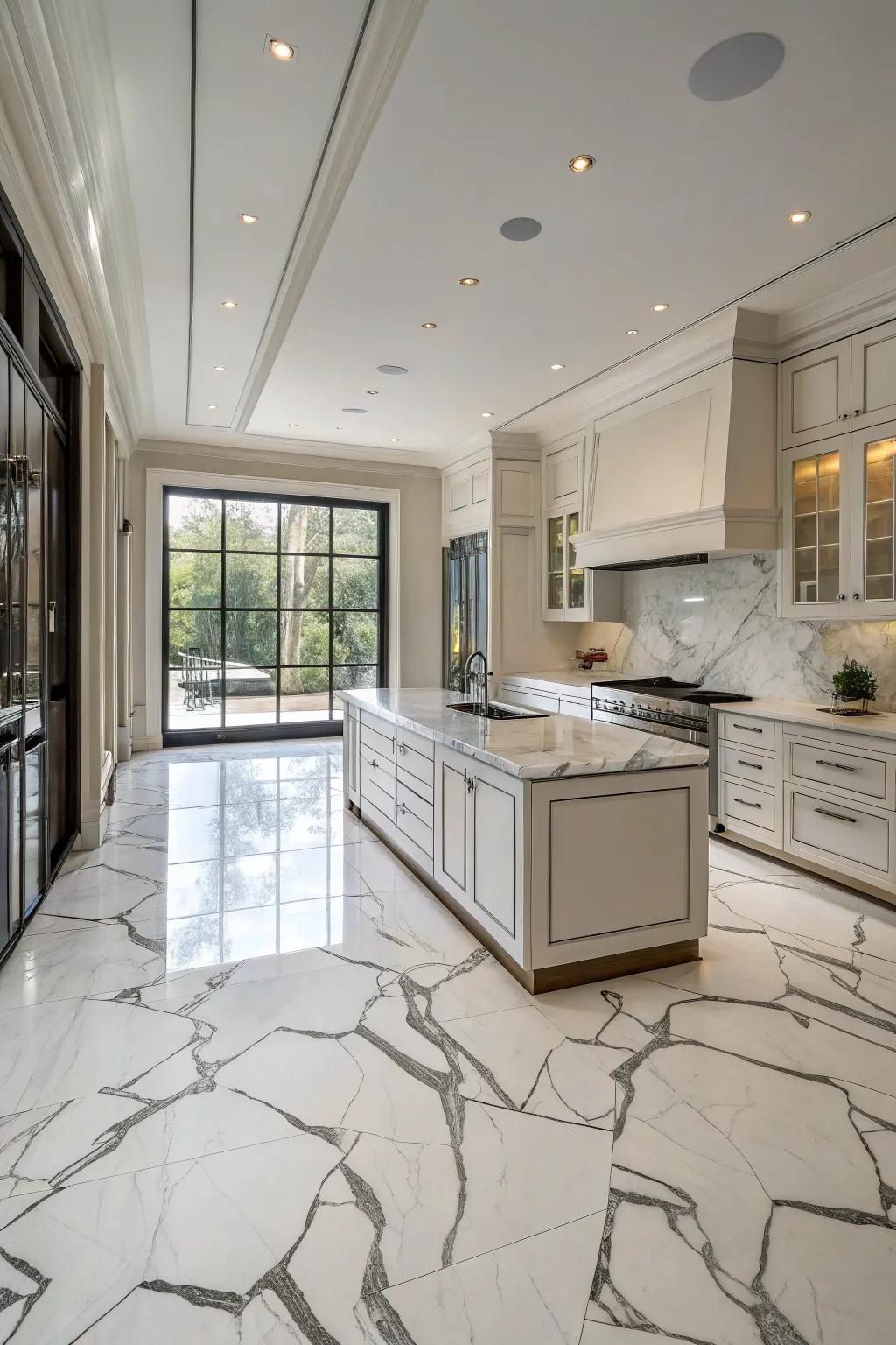 A luxurious kitchen featuring bold and elegant Calacatta marble floors.