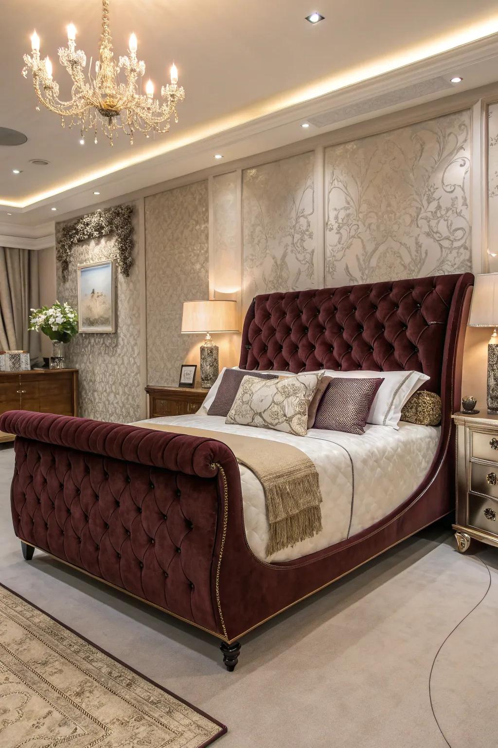 Upholstery adds a luxurious touch to this sleigh bed, elevating the room's style.