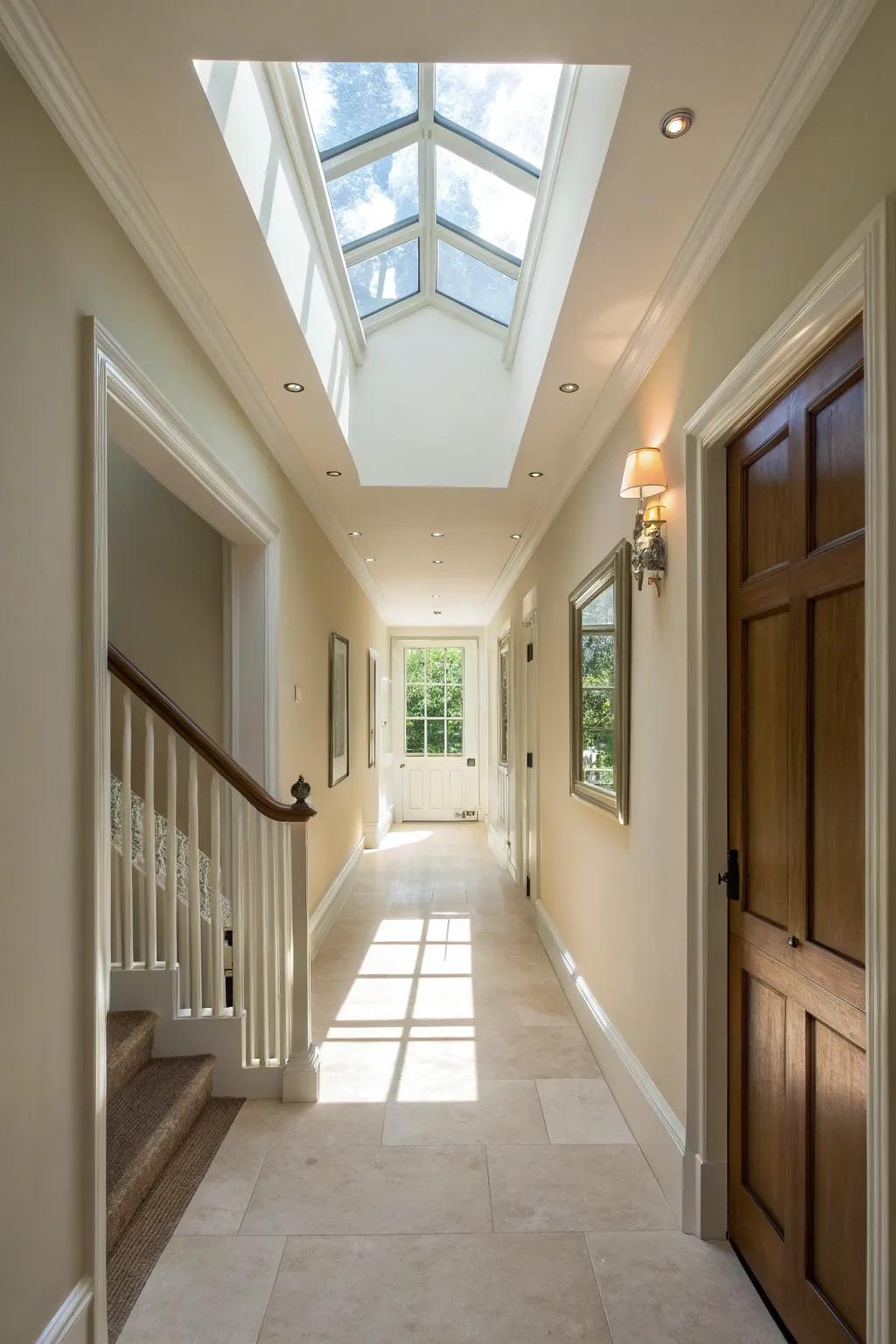 A skylight can transform the ambiance of a hallway by introducing natural light.