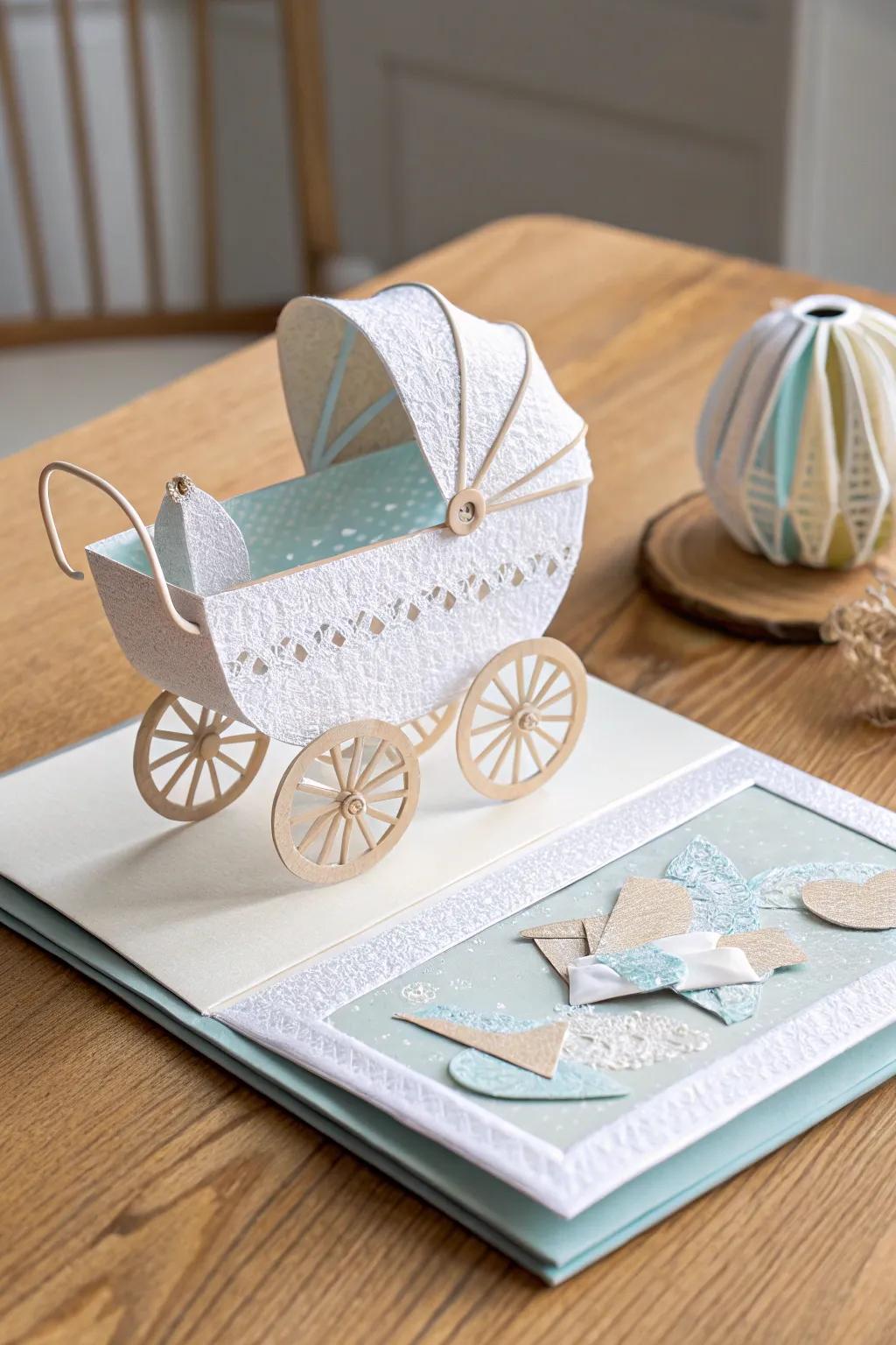 Delight new parents with this charming pop-up baby carriage card, where simplicity meets elegance.