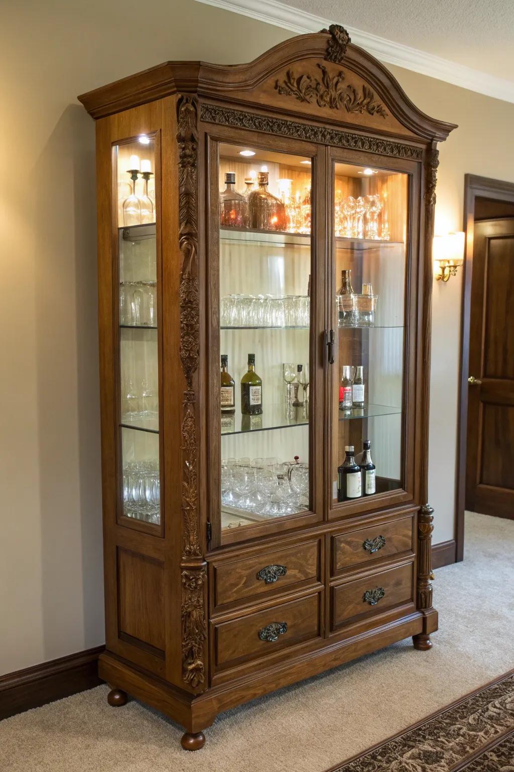 An armoire becomes a luxurious liquor cabinet with a few upgrades.
