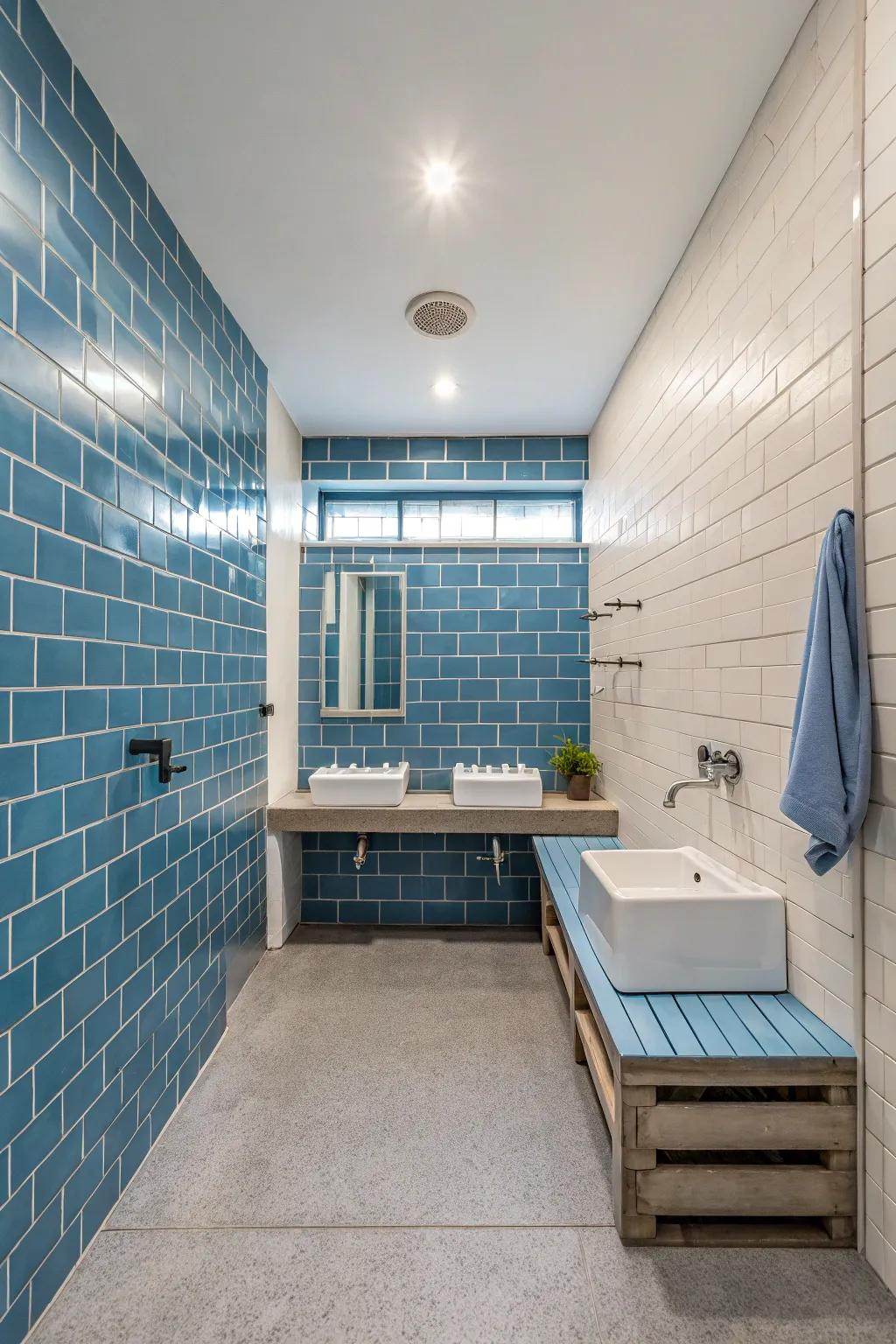 Blue subway tiles offer a modern and sleek look.