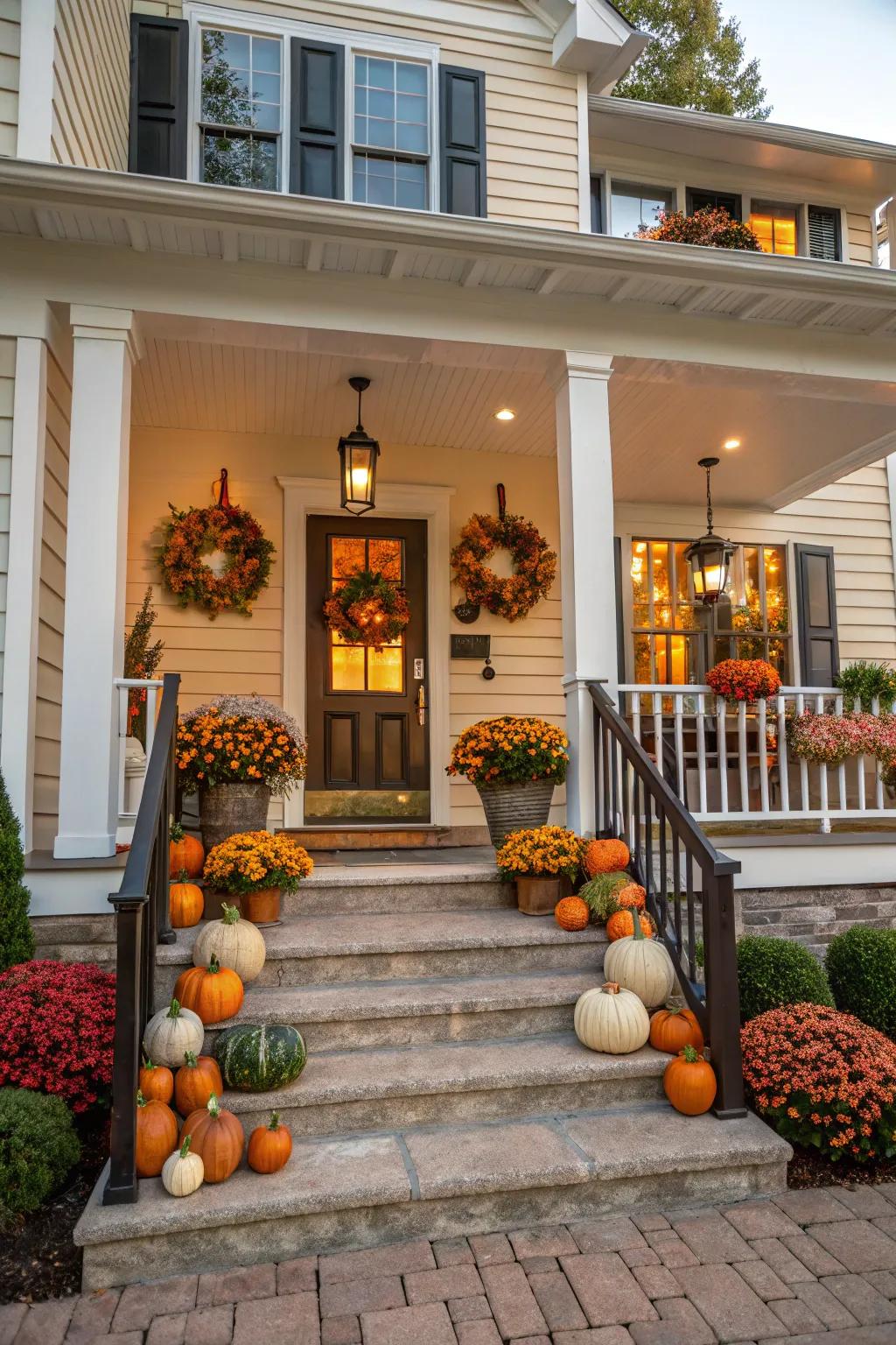 Seasonal decorations adding a festive touch to a large front porch.