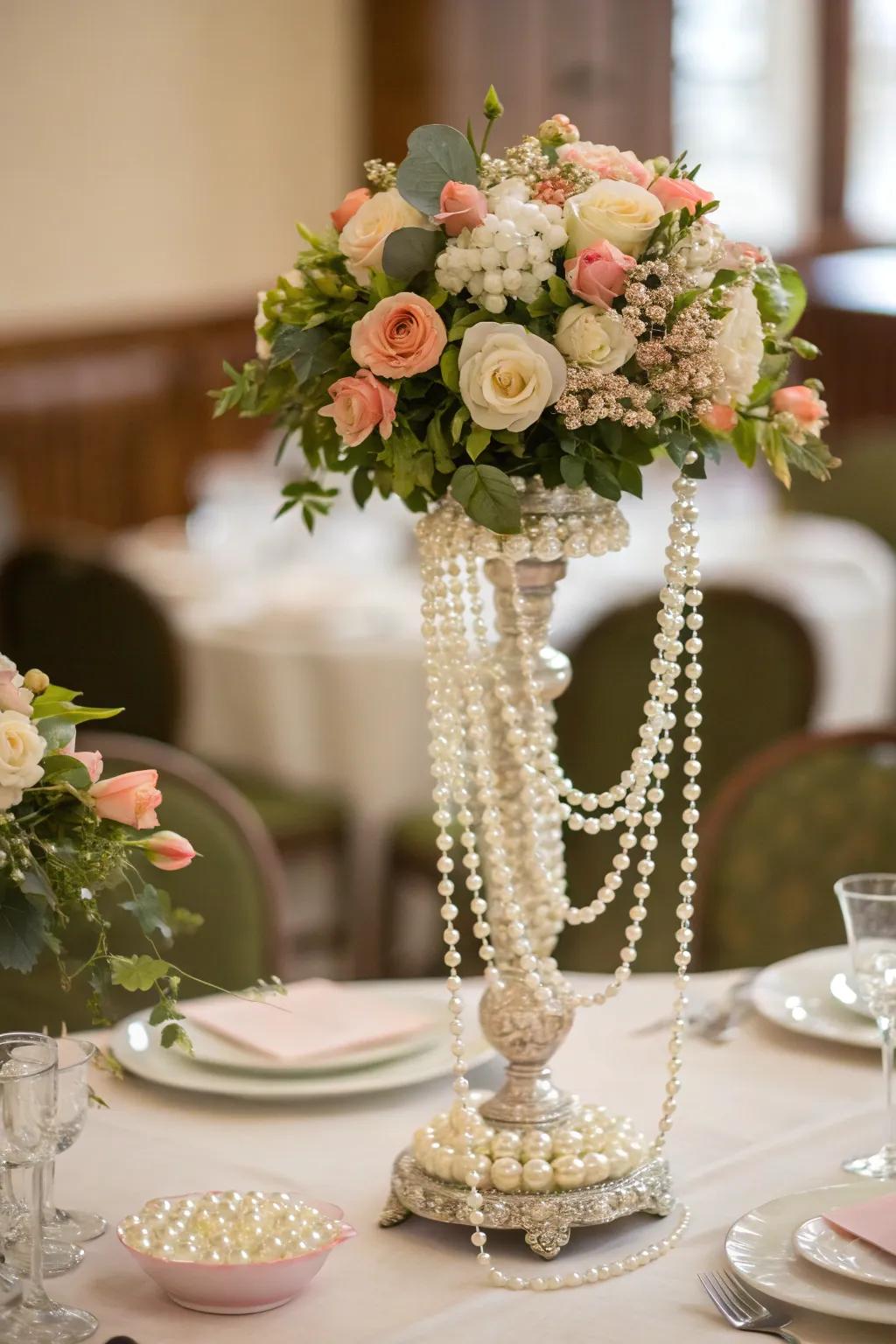 An elegant centerpiece with pearl accents.