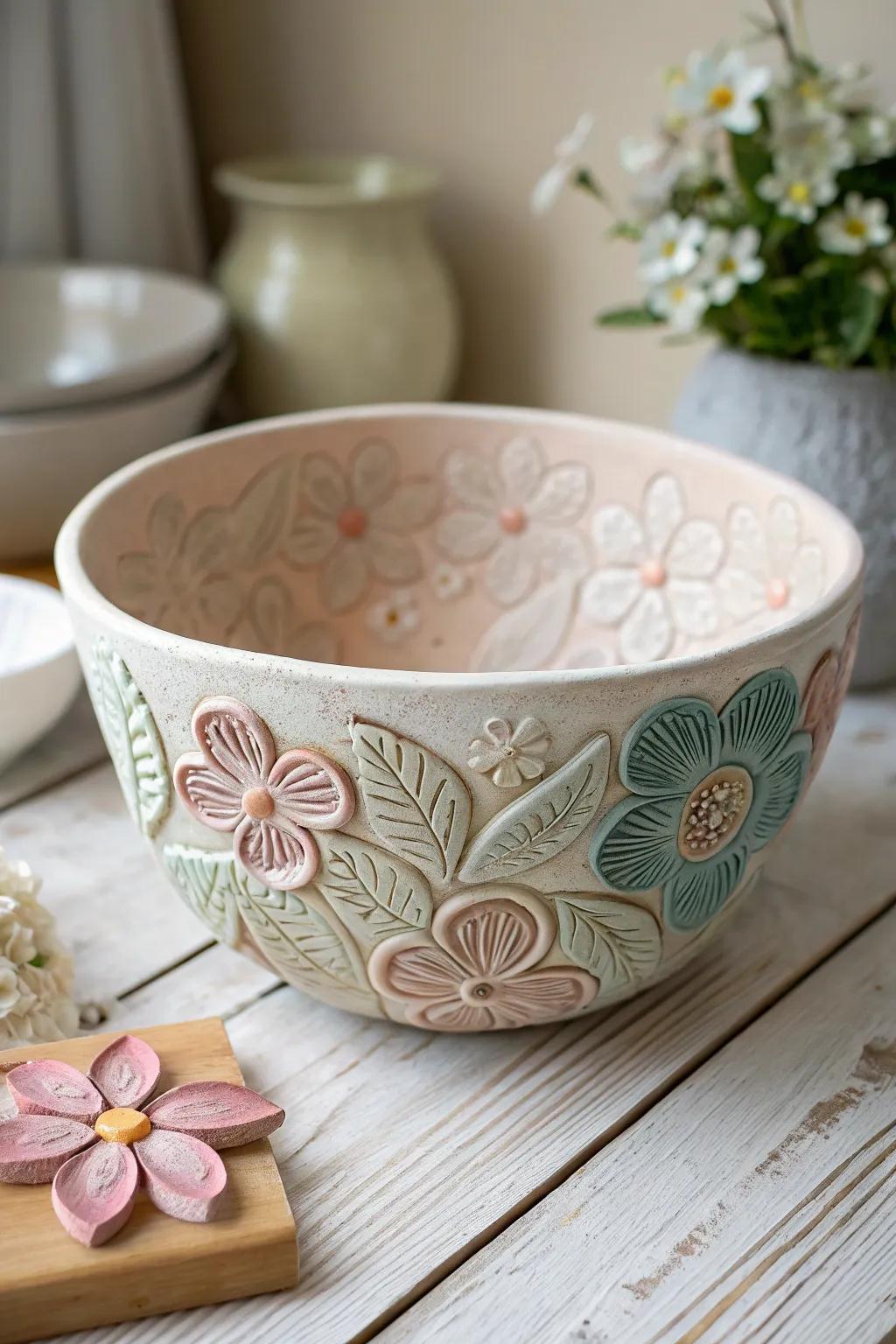Embrace the beauty of simplicity with this exquisite flower-adorned clay bowl, a perfect blend of art and function.