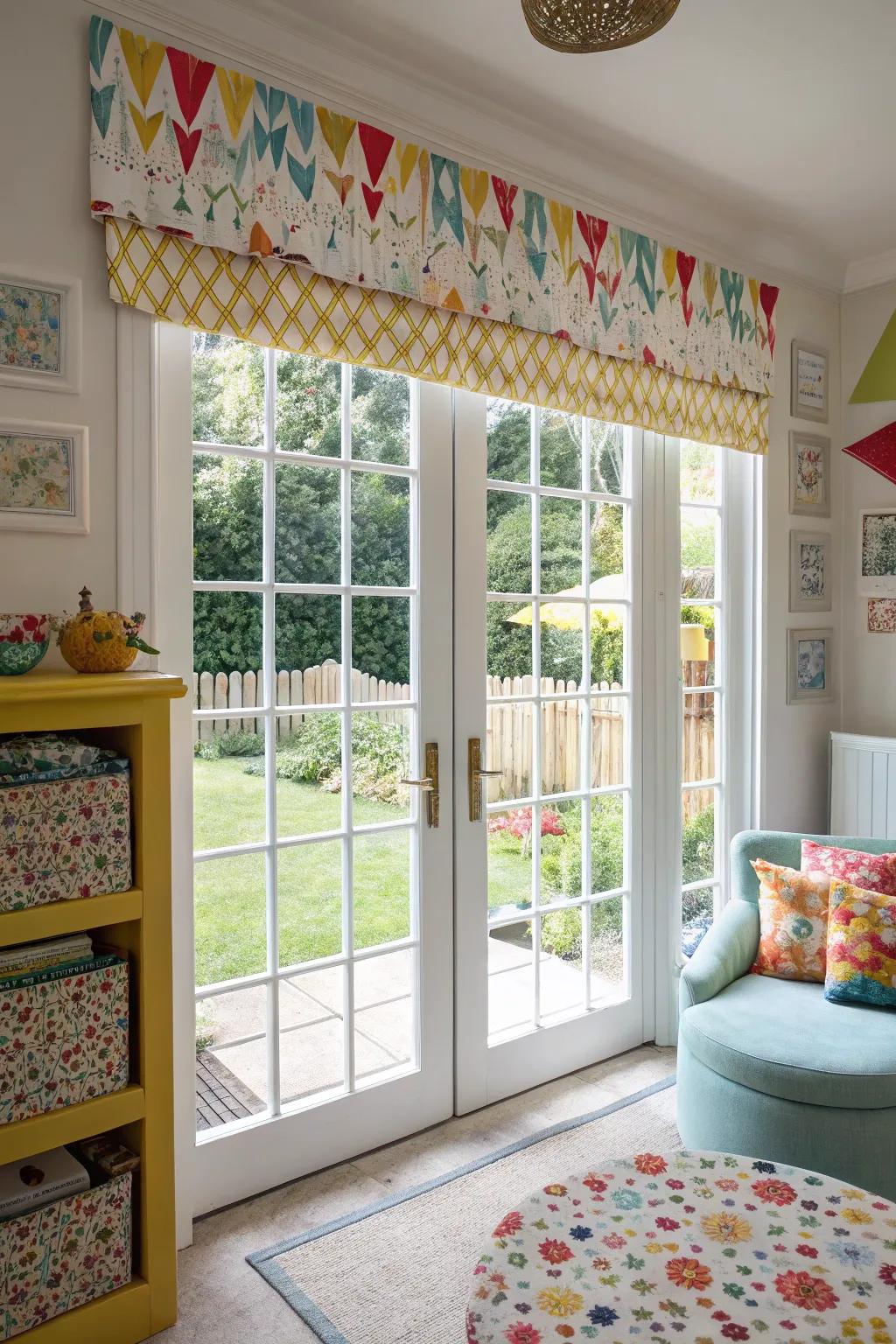 Patterned valances adding whimsy to French doors in a playful setting.