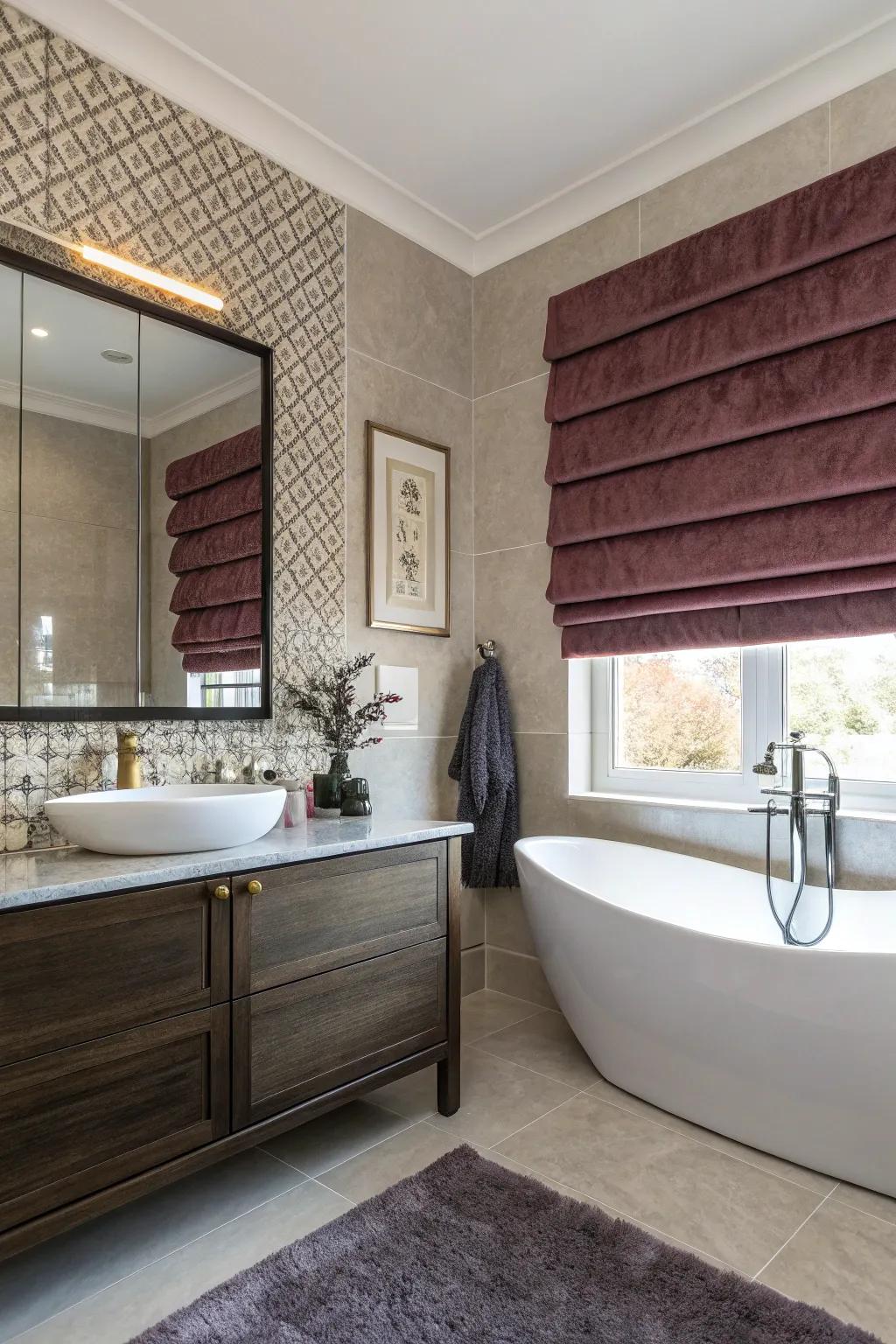 Velvet blinds add a luxurious touch to your bathroom.