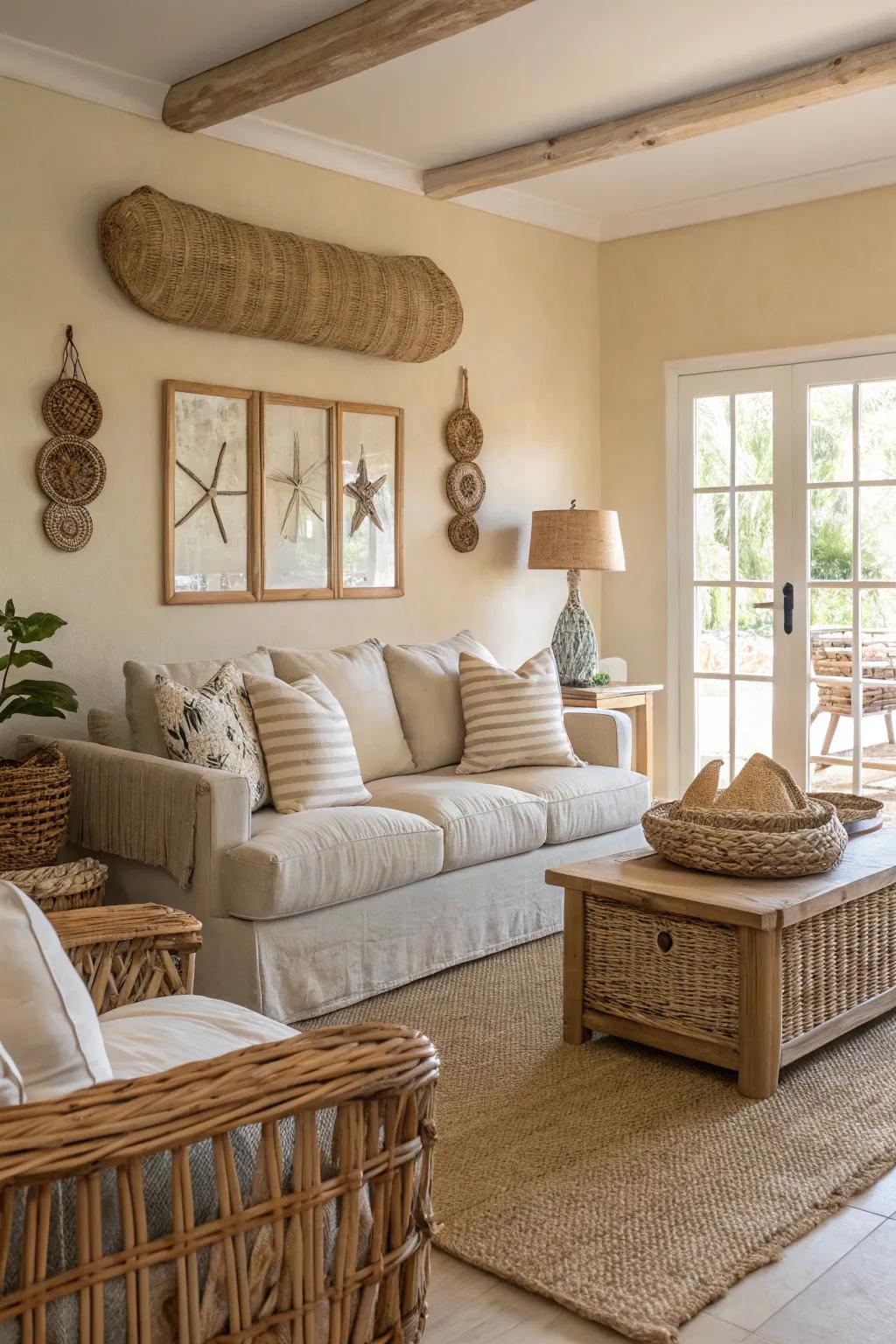 A living room featuring beachy textures such as linen and bamboo.