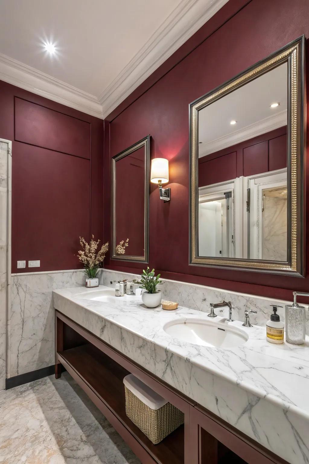 The combination of maroon and marble exudes elegance and sophistication.