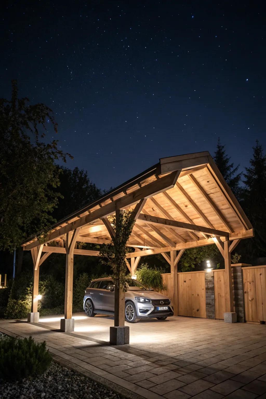 Subtle elegance with hidden lighting in wood carport design.