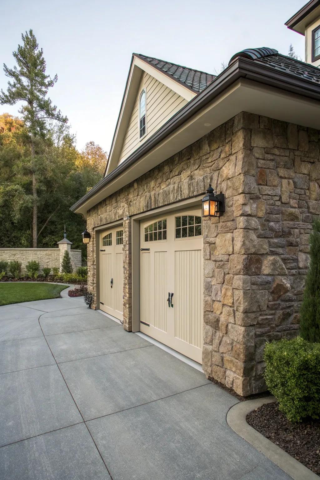 The stone and stucco combination exudes sophistication.