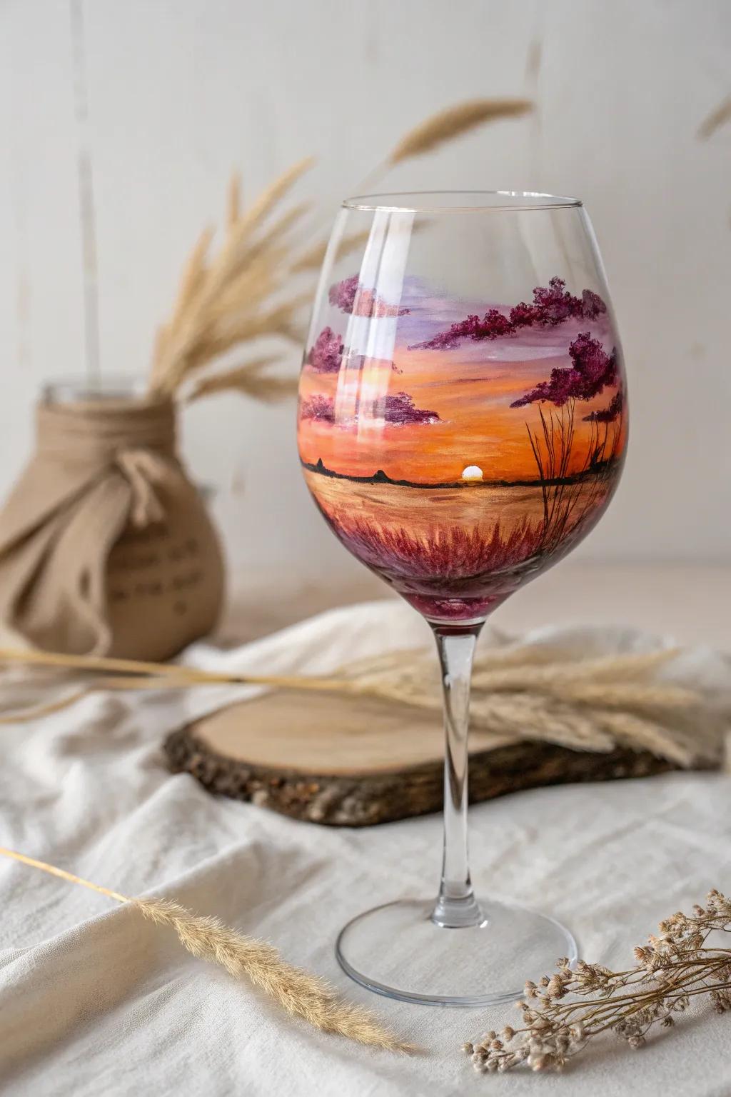 Transform your wine glass into a sunset masterpiece, blending Scandinavian minimalism with Boho flair.