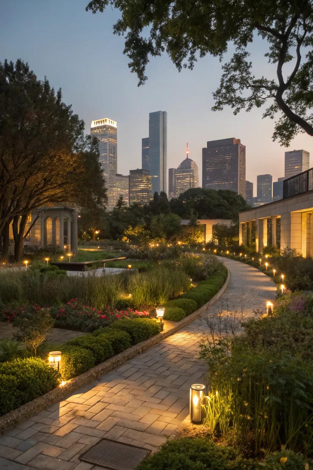 Outdoor lighting creates an enchanting nighttime garden.