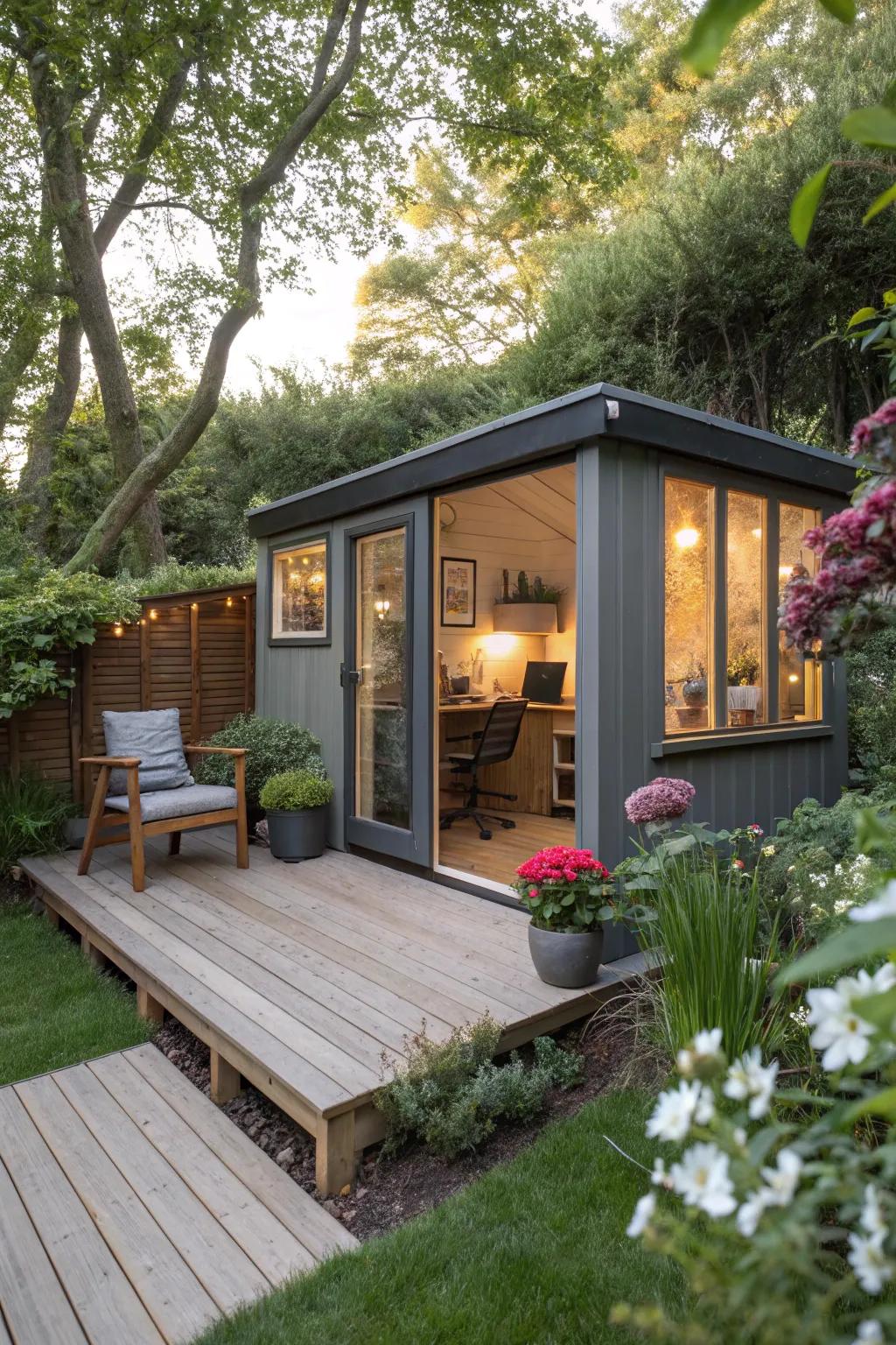 A small deck creates a seamless transition between your shed office and the garden.