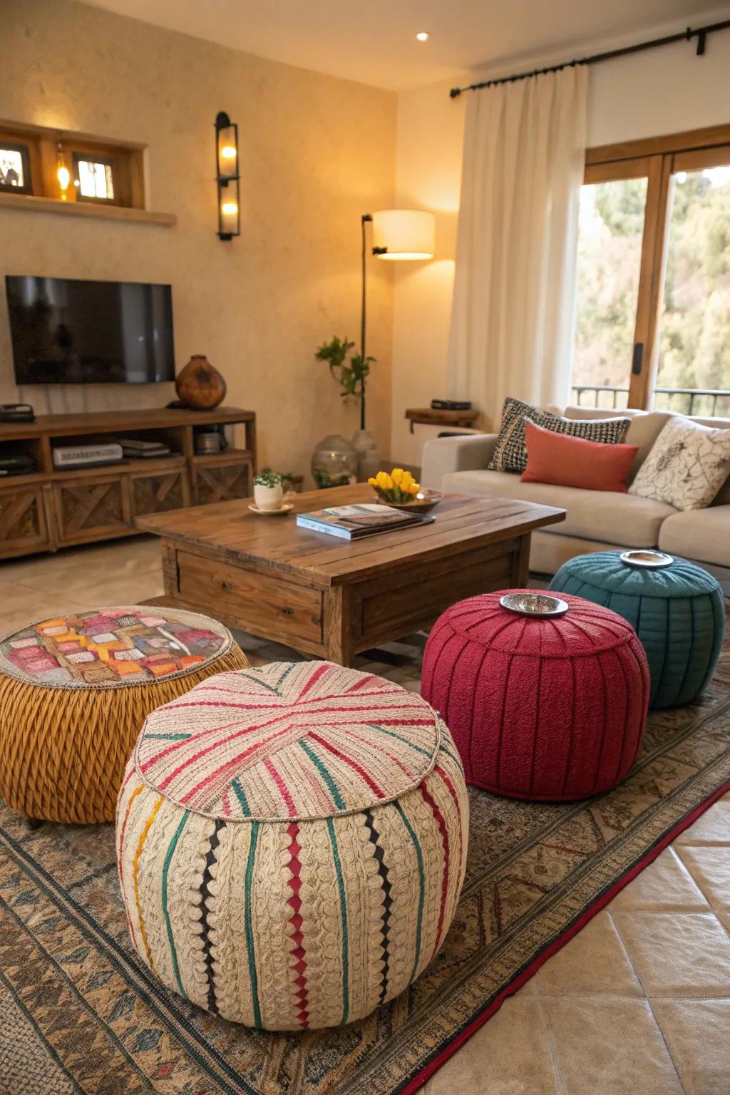 Colorful poufs create a relaxed and inviting coffee table setup.