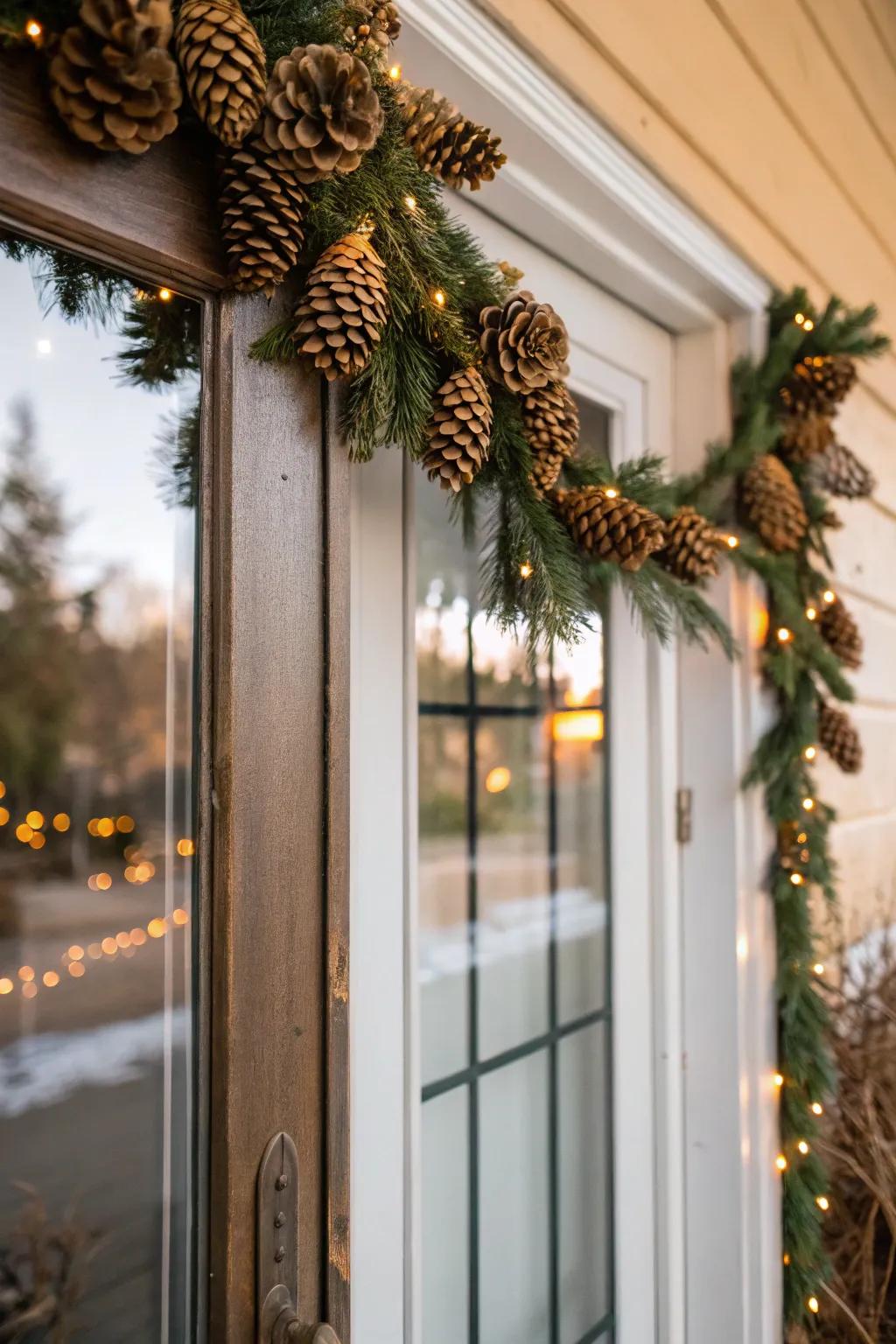 A rustic pinecone garland draped over a front door