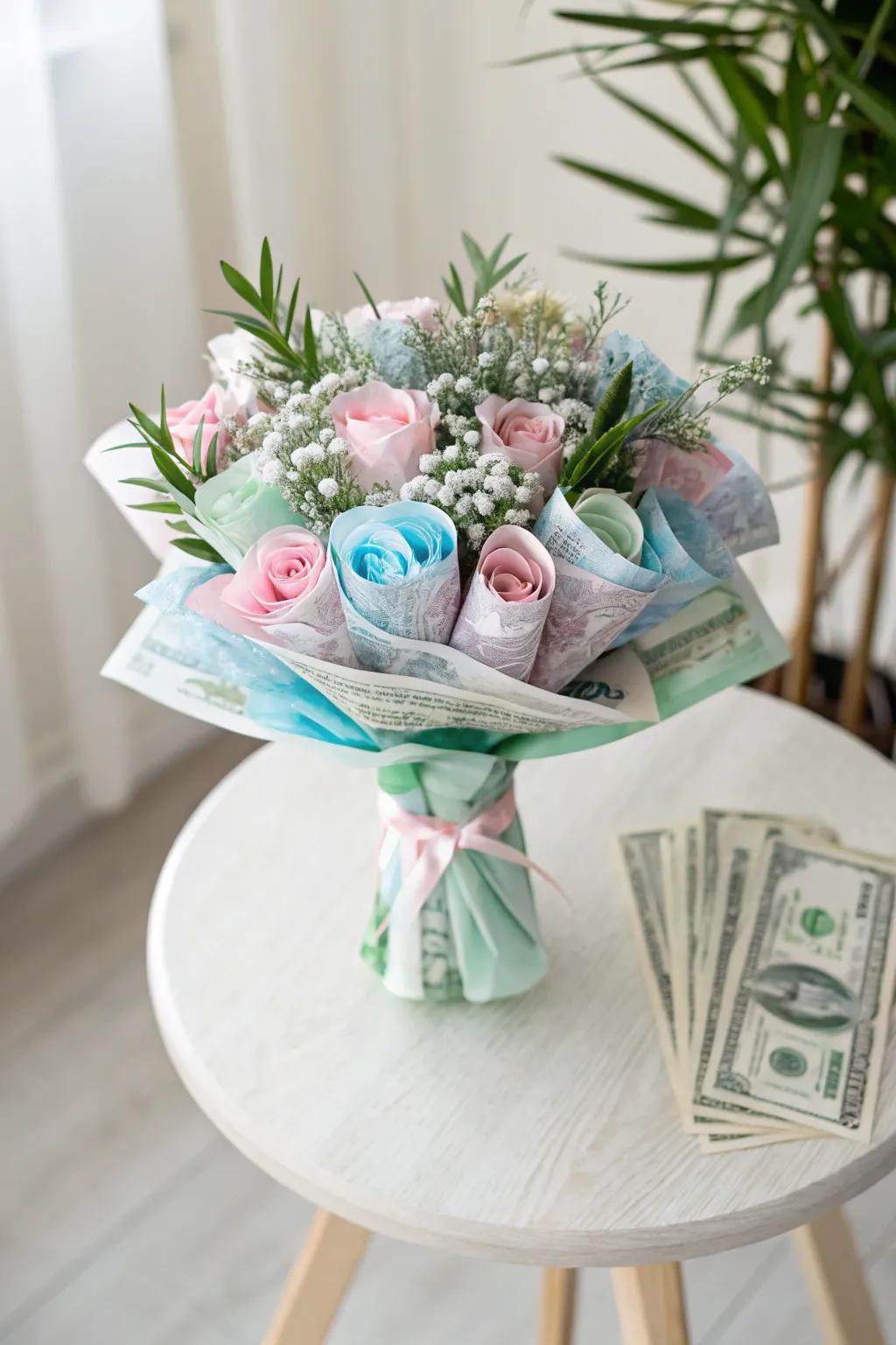 Elevate your gift-giving with a touch of color and creativity: a money bouquet wrapped in vibrant tissue paper accents.